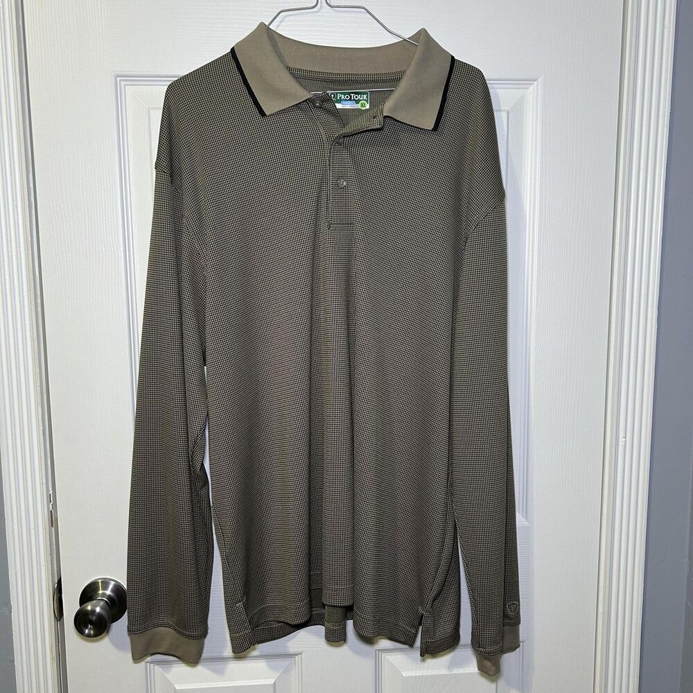 PGA TOUR Shirt Men's XL Beige CoolPlay Long Sleeve Golf Polo Houndstooth NWOT